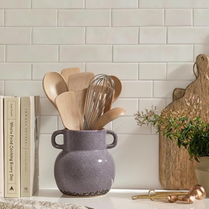 JIEMEI HOME Kitchen Utensil Holder with Handle, 6.85" Ceramic Farmhouse Stable Utensil Crock for Countertop, Utensil Organizer with Cork Bottom, Spatula Holder For Kitchen Decor, Purple