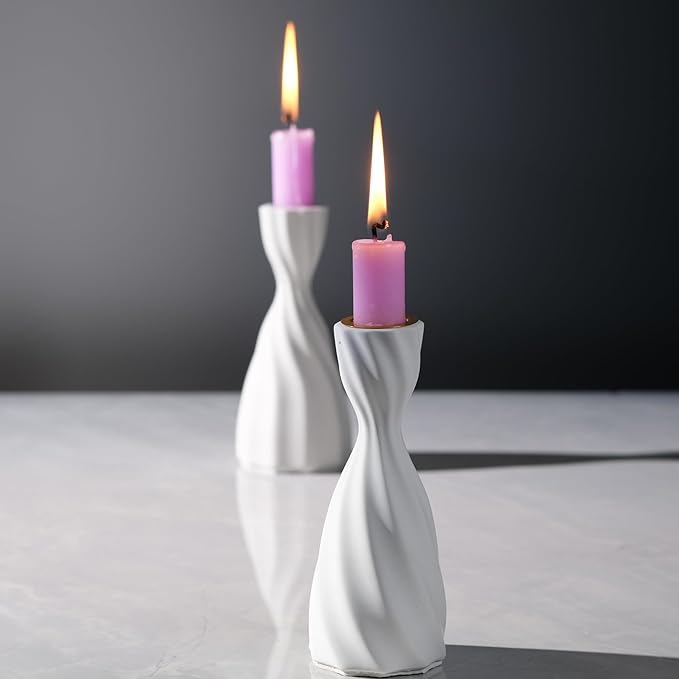 Twizzle Twist Candle Holder, Decorative Candle Holder for Table Display, Romantic Decoration, Unique Home DÉCOR Aesthetic, Housewarming Gift, Sculpture Candle Stand Set of 2 Cement