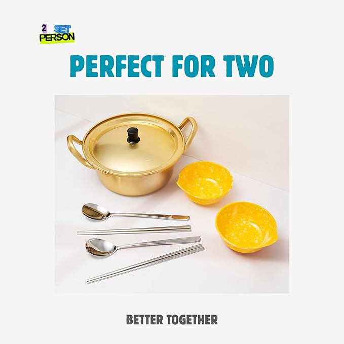 xenoz Korean Ramen Pot Set 2 Person Aluminum Cooking Pot with 2 Bowls Chopsticks Spoon Lightweight Korean Cookware for Noodles Soup Dorm Cooking Made in Korea