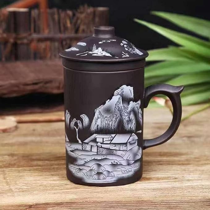 Ceramic Teacup, Chinese Hand Painted Purple Clay Tea Mug with Lid and Infuser, (13oz) Yixing Zisha Water Mug Drinkware for Office Home (black landscape)