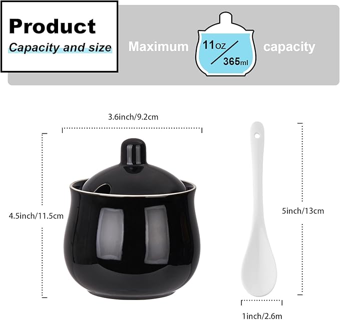 Ceramic Sugar Bowl with Lid and Spoon, Black Porcelain Sugar Salt Pepper Storage Jar, 12 Ounces
