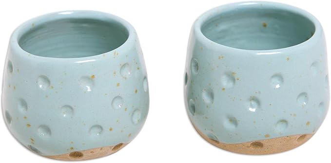 NOVICA Artisan Handmade Ceramic Teacups Turquoise Blue Indonesia Tableware Dinnerware Mugs [3.1in H x 3.1in Diam. 4 Oz.] 'First Snow' (Pair)