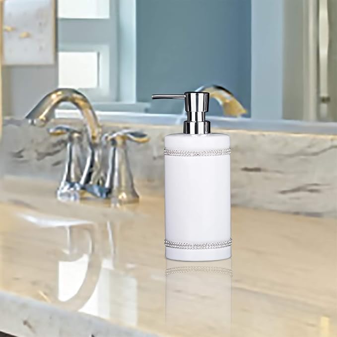 17 OZ Hand Liquid&Lotion Soap Dispenser Pump Bottle Ceramic White for Kitchen Bathroom Countertop Laundry Room Holds Dish Soap Shampoo Laundry Liquid Shower Gel (Inlaid Rhinestone) (White)