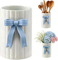 Handmade Blue Bow Ceramic Utensil Holder, 3D Coquette Cooking Utensil Crock for Kitchen Counter, Preppy Storage Caddy Organizer Vase Decor for Kitchen Countertop