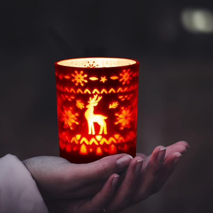Rancco Tealight Candle Holders for Christmas, 3 Color Indoor Xmas Decor Tea Light Candle Jar for Centerpieces & Party Decoration, Votive Candle Holders w/Elk, Christmas Tree, Stars Designs,3.3x2.6in