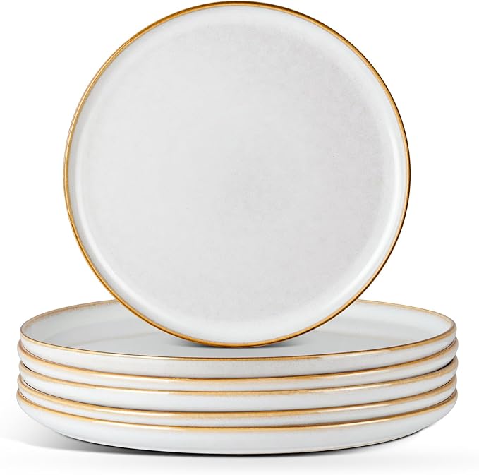 E-far 8” Ceramic Salad Plates Set of 6, Reactive Glaze Stoneware Dishes, Round Dessert Plate for Home Kitchen Restaurant, Microwave & Dishwasher Safe – Seashell White