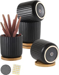 OMAYKEY 4 Inch Ceramic Plant Pot with Saucer, Small Planters Pots with Drainage Hole and Mesh Pads for Succulent, Cactus, Herbs, Stripe Pure Black