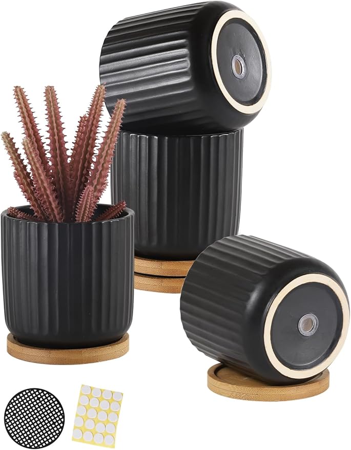 OMAYKEY 4 Inch Ceramic Plant Pot with Saucer, Small Planters Pots with Drainage Hole and Mesh Pads for Succulent, Cactus, Herbs, Stripe Pure Black