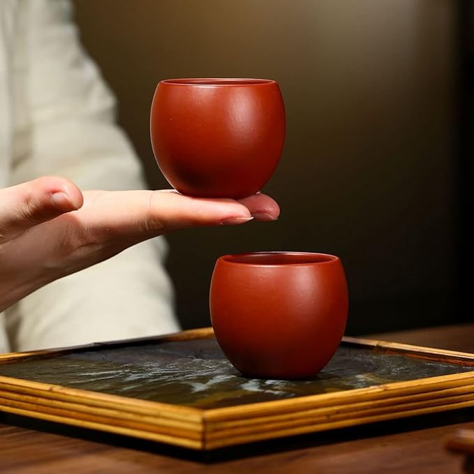 Teacup 2pcs Chinese Clay Genuine Red Dahongpao Zisha GongfuTea Cups 80ml (Round drum red)
