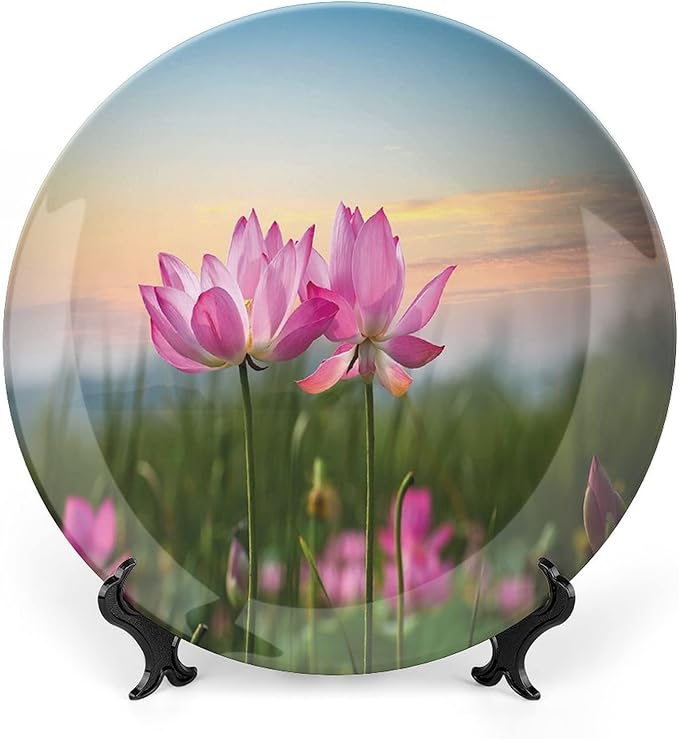 XISUNYA 8 Inch Decorative Plate, Lotus Porcelain Plate, Beautiful Asian Flower Blooming in Spring Meadow Print Ornament Display Plate Handmade Plate Wedding Gifts, Light Pink Green Light Blue