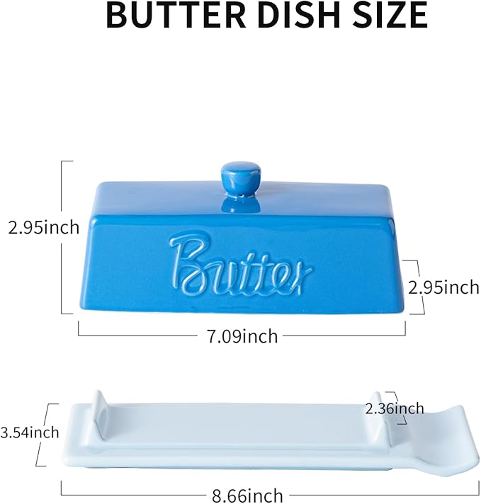 TEATALK Ceramic Butter Dish with Lid and Knife - Large Butter Holder, Farmhouse Style, 8-Inch Porcelain Butter Keeper with Scraper Edge, Blue