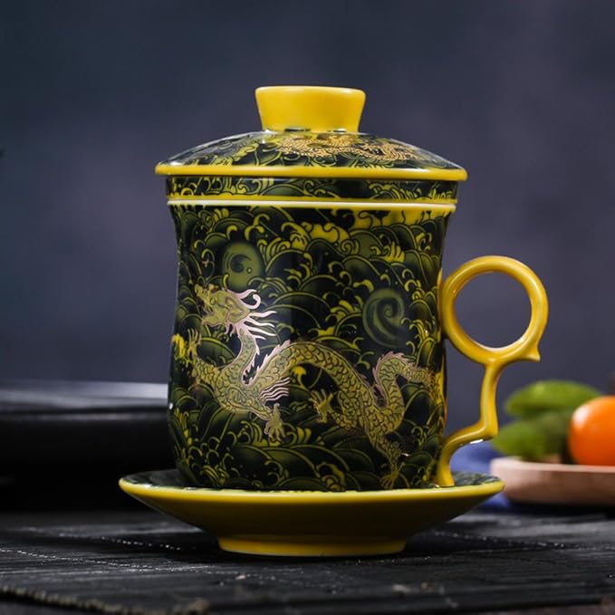 Porcelain Tea Cup with Infuser Lid and Saucer Sets - Chinese Jingdezhen Ceramics Coffee Mug Teacup Loose Leaf Tea Brewing System for Home Office