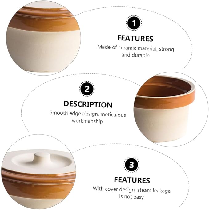 GLEAVI Ceramic Steaming Bowl with Lid Vintage Clay Rice Bowl for Cooking and Serving Dishwasher Safe for Steamed Eggs and Rice Retro Kitchen Tableware