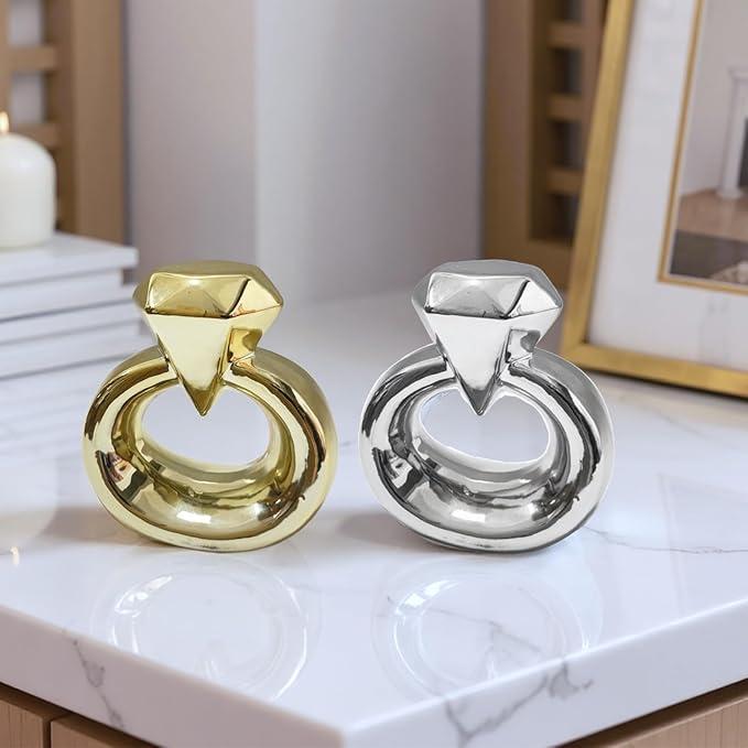 Zerzsy Set of 2 Statues Figurine Home Decor, Golden Modern Abstract Statue for Living Room Bedroom Shelves Wedding Decoration, Large Diamond Ring Love Decorative Sculpture-Gold & Silver