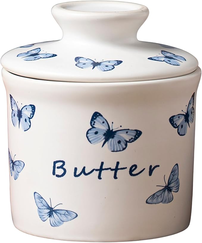 Stoneware Butter Crock with Lid, Ceramic Butter Dish with Water Line, Countertop Butter Keeper, Butter Holder for Countertop, Butterfly