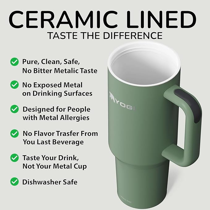 YOGI Ceramic Lined Metal Allergy Safe 40oz Tumbler with Handle and Straw Leakproof Flip & Sip Lid Vacuum Insulated Stainless Steel Travel Cup for Iced Coffee Water and All-Day Hydration 40oz Sage