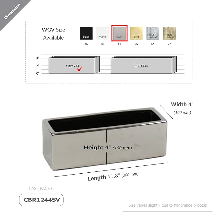 WGVI Long Rectangle Ceramic Planter Vase in Silver 12" x 4" x 4"H, Block Rectangular Terrarium Box Pot, Flower Arrangement, Table top Centerpiece, Home Decor Organization Storage Container, 6 Pcs.