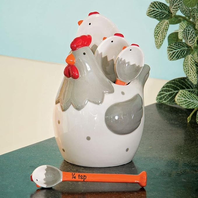 Bits and Pieces 4-Piece Ceramic Chicken Measuring Spoons Set with Holder - Farm Animal Country Theme - Includes 1/4, 1/2, 1 Teaspoon, 1 Tablespoon, Kitchen Chicken Decor