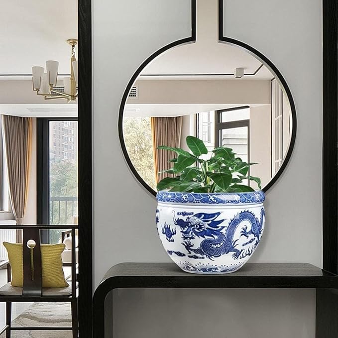Ceramic Flower Pots Chinese Blue And White Porcelain Asian Double Dragon Fire Pearl Fish Bowl Succulent Plant Pots Succulent Planter Indoor Decoration Cylinder Planter Bonsai Pots-18.5x13.5cm