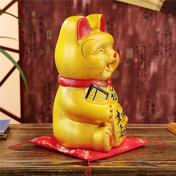 Lucky Cat,Beckoning Ceramic Maneki Neko Lucky Fengshui Cat,Japanese Lucky Cat with Waving Arm Gold Battery Operated(7 inches)