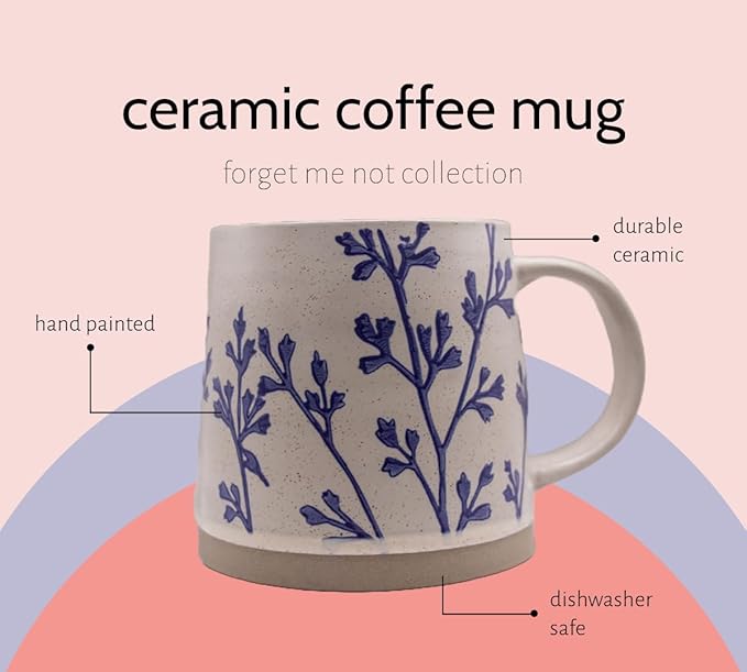 Handmade Ceramic Coffee Mug, 16 oz Coffee Cup, 450 ml | Heavy Mug Ideal for Green Tea or Coffee| Large Coffee Mug | Hand Painted Floral Design Pottery Mug | Cute Coffee Mugs for Women | Latte Mugs