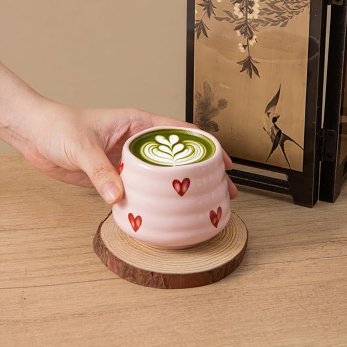 4pcs Japanese Tea Cup Set – 160ml 5.4OZ Ceramic Matcha Cup, Small Handless Espresso Cups, Cute Coffee Mugs for Valentine (Pink Love)
