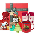Holiday Ceramics 8-Piece Christmas Gift Set with Enamel Mug, Fuzzy Socks, Scented Candles, Plush Bear, Decorative Tree, Red and White Holiday Relaxation Collection