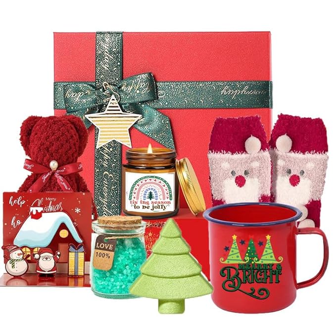 Holiday Ceramics 8-Piece Christmas Gift Set with Enamel Mug, Fuzzy Socks, Scented Candles, Plush Bear, Decorative Tree, Red and White Holiday Relaxation Collection