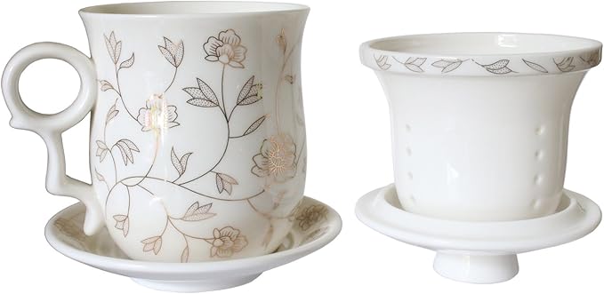 Porcelain Tea Cup with Infuser Lid and Saucer Sets - Chinese Jingdezhen Ceramics Coffee Mug Teacup Loose Leaf Tea Brewing System for Home Office