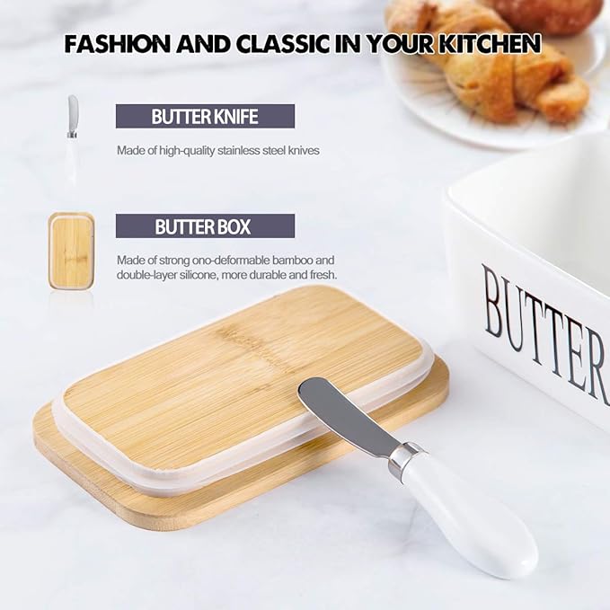 Hasense Butter Dish with Lid, Large Butter Dish with Lid for Countertop, Ceramic Butter Holder Container with Cover, Airtight Butter Keeper for Kitchen,White