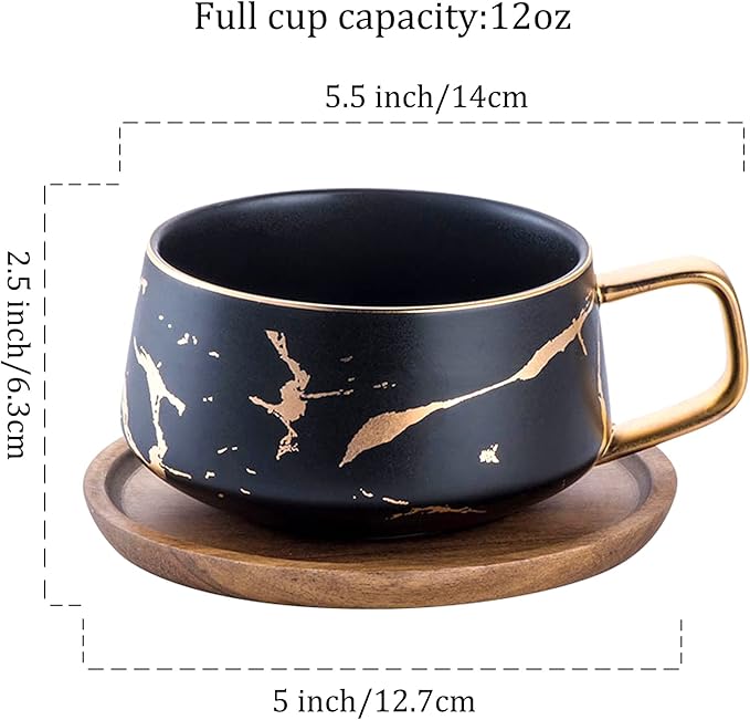 LUCCK 12oz Ceramic Marble Tea Cup with Wooden Saucer Ceramic Coffee Cup Cappuccino Cup Luxury Gold Inlay Fashion Marble Pattern for Women(Black)