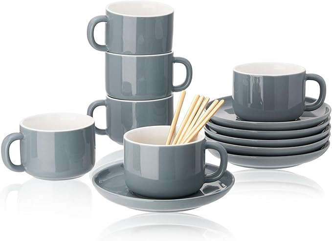 8oz Cappuccino Cups Set of 6, Ceramic Coffee Cups and Saucers Set with Spoons, Gray Durable Coffee Cups for Cappuccino Espresso Latte Mocha Au Lait Macchiato Cafe