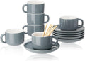 8oz Cappuccino Cups Set of 6, Ceramic Coffee Cups and Saucers Set with Spoons, Gray Durable Coffee Cups for Cappuccino Espresso Latte Mocha Au Lait Macchiato Cafe