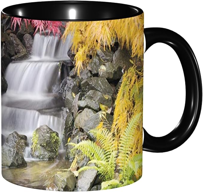 Autumn,Funny Novelty Ceramic Coffee Cups With Handle,Tropical Fall with Colorful Flowers Asian Tea Cup for Office and Home, 11 Oz,Dishwasher Microwave Safe (Black)