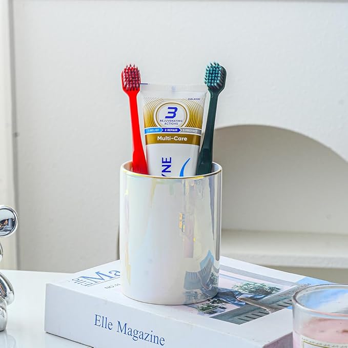 Ceramic Cute Toothbrush Holder Toothpaste Holders, Bathroom Tumbler Cups Reusable,Bathroom Counter Organizer (Pearl)