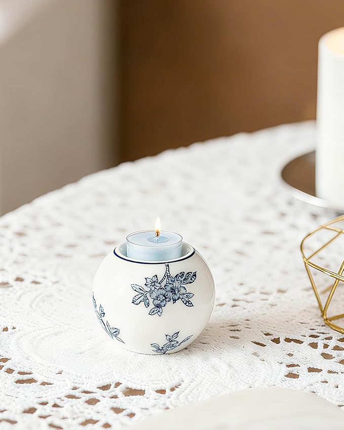 Ceramic Tealight Candle Holder, Chinoiserie Candlestick Holder for Taper Candle, Blue and White Decor, Flowers and Branches