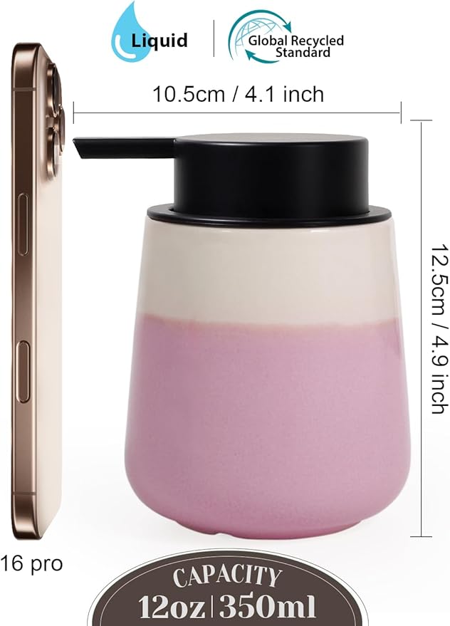 INGOFIN Ceramic Hand Soap Dispenser - 12 oz Liquid Lotion Dispenser Bathroom, Refillable Modern Dish Soap Dispenser with Pump for Kitchen, Beige and Pink