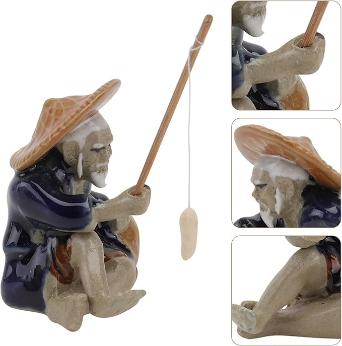 Ceramic Mini Fisherman Figurine Sitting Fishing Old Man Statue Asian Chinese Aquarium Zen Garden Decorations, 6x5.5cm, 0OQLIA1NK3403402QBD
