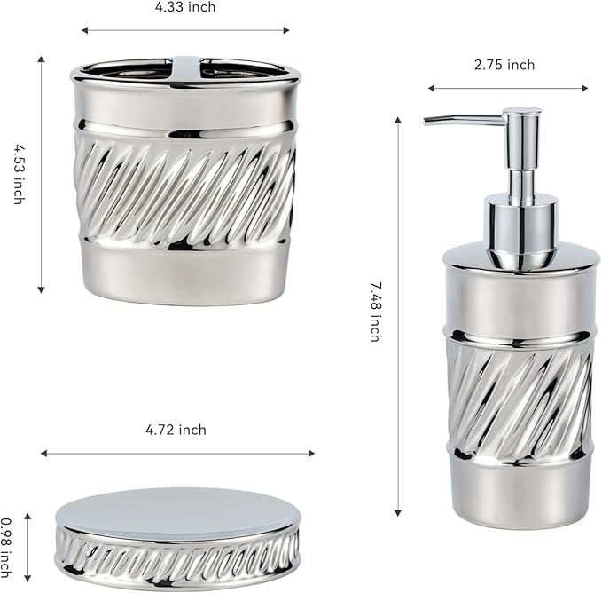 3-Piece Ceramic Bathroom Accessories Set - Soap Dispenser, Toothbrush Holder & Soap Dish with Modern Wave Embossed Design for Bathroom Accessory Set (Silver)