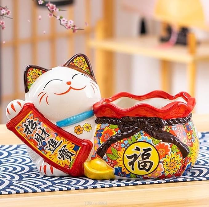 EatingBiting 9.4"x5.7" Japanese Ceramics Maneki Neko Cat & Lucky Money Pocket Ornament Collectible Figurine Storage Box Decoration Ornamental Art Sculpture Home Decor Decorative Beckoning