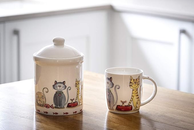 SPOTTED DOG GIFT COMPANY Ceramic Jar with Lid for Countertop, Cute Cat Treat Container, Decorative Kitchen Storage Jar for Tea Coffee Sugar, Gifts for People Who Love Cats 35oz