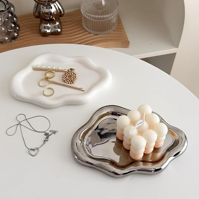 Small Jewelry Dish for Women, Gifts for Mom, Ceramic Jewlery Tray Ring Holder, Vanity Ring Dish Cute Cloud Tray, Nightstand Decor Trinket Bowl for Earrings, Perfume, Keys, White Jewelry Plate
