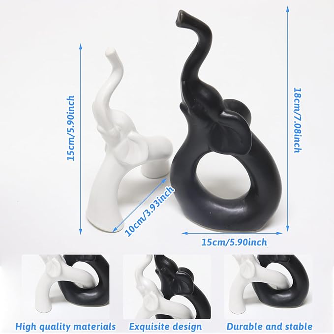 Zerzsy Loving Pair of Elephants Statues Figurine, Modern Style Sculpture Decorative, Ornament Elephant for Living Room Office Cabinets, Shelf - Black & White Ceramic Decor
