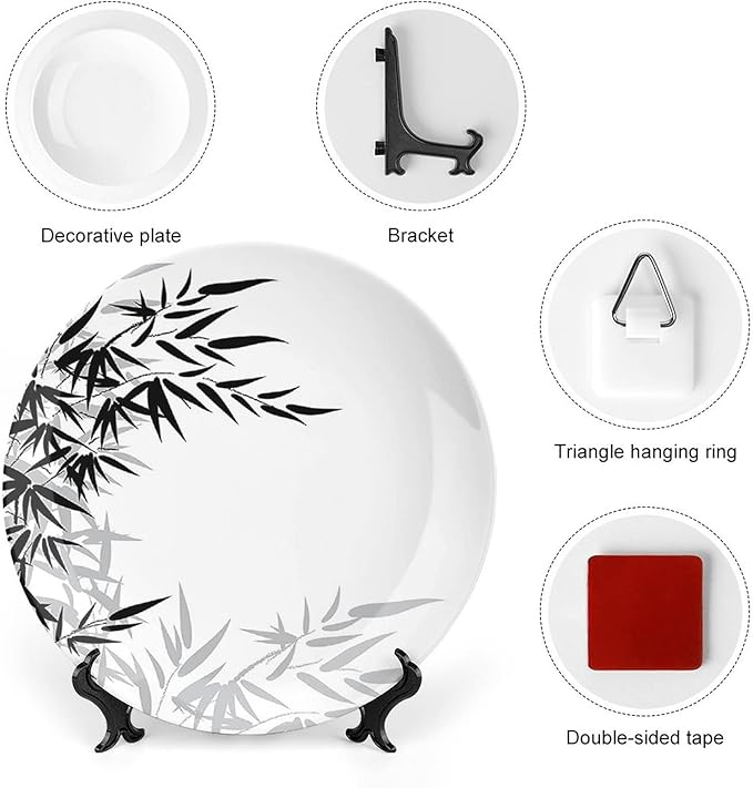 XISUNYA 6 Inch Decorative Plate, Janpese Decor Tableware Plate, Bamboo Leaves Art Print Ceramic Wall Hanging Decor Accessory for Dining Table Tabletop Home Decor