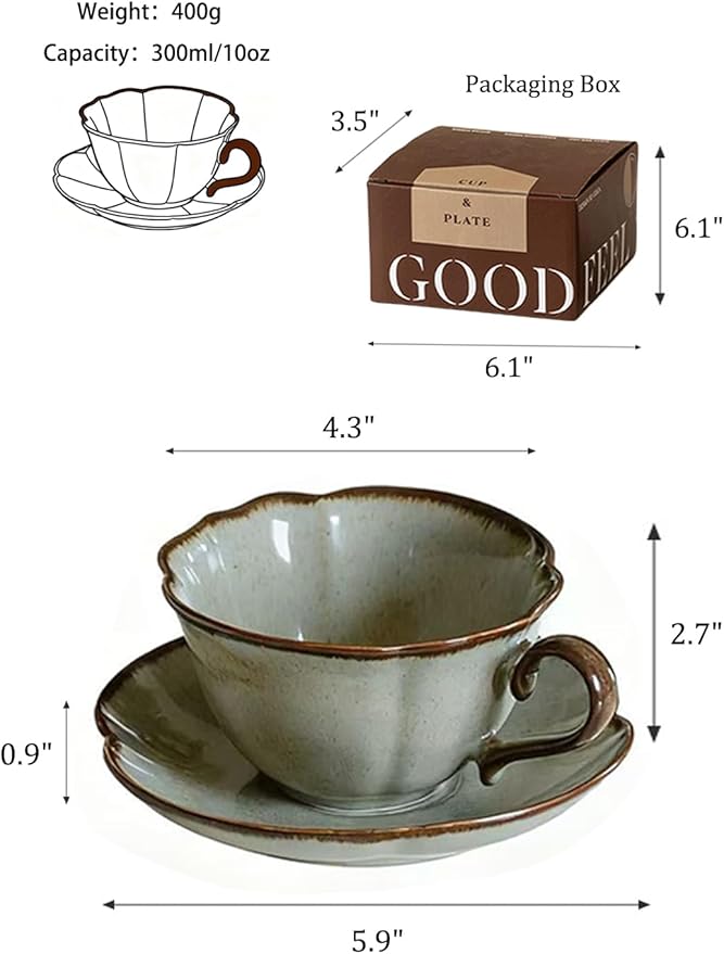 Ceramic Coffee Cup and Saucer Set – 10oz Kiln-Glazed Teacup with Saucer, Handmade Ceramic Mug Set for Coffee, Tea, Cappuccino, or Latte