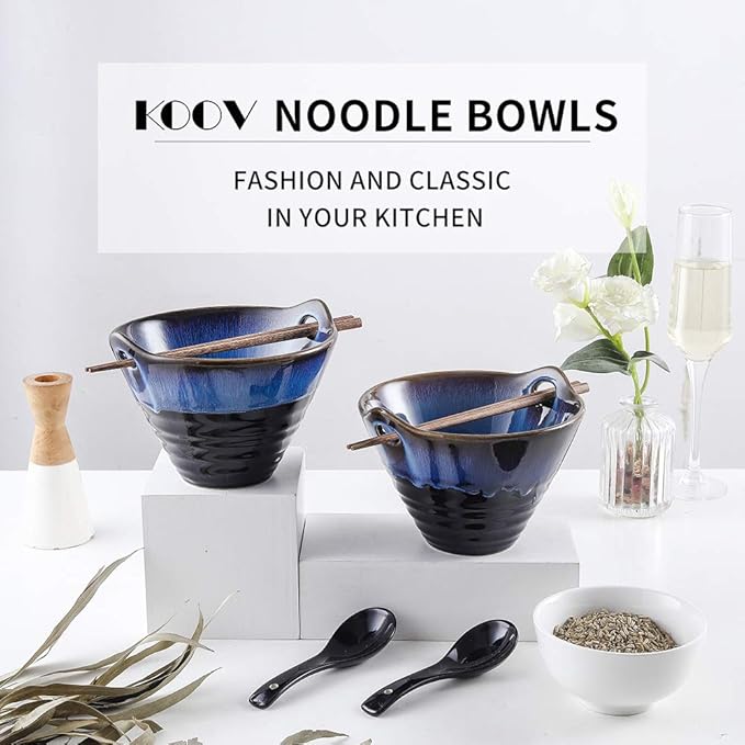 KOOV Porcelain Japanese Ramen Bowls with Chopsticks and Spoons, 26 Ounce, Deep Pho Bowl, Reactive Glaze (Blue Galaxy), Set of 2