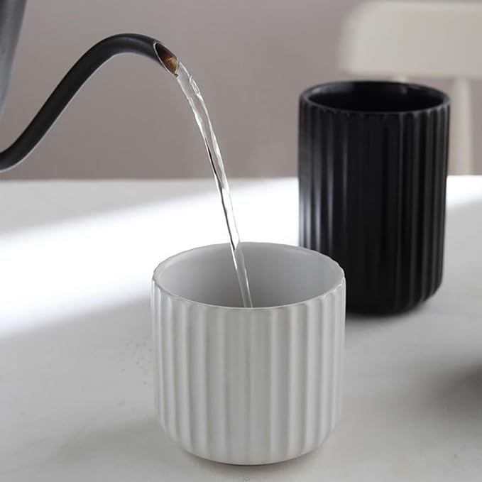 Nordic Ceramic Mug, Japanese Tea Cup 6oz Striped Cup No Handle Drinking Cup for Latte Milk Water Beverage Juice Microwave and Dishwasher Safe, Minimalist coffee Cup, Matte Black