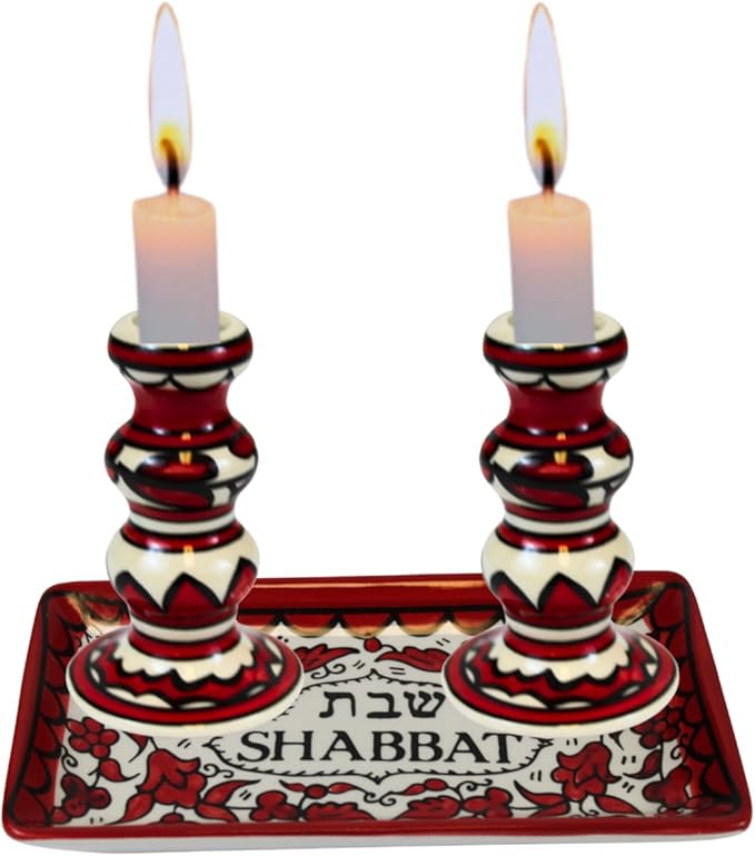 Holy Land Market Shabbat Candlesticks Set - Colorful Ceramic Shabbat Candle Holders Set with Matching Plate for Holidays, Red