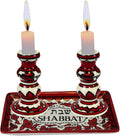 Holy Land Market Shabbat Candlesticks Set - Colorful Ceramic Shabbat Candle Holders Set with Matching Plate for Holidays, Red