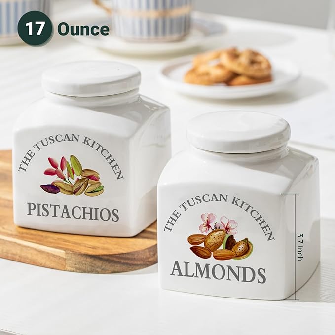 HOMBENE Kitchen Canisters Ceramic Containers, Food Storage Jar with Airtight Lids, 17 oz Containers Jar for Pistachios and Almonds Set of 2, White